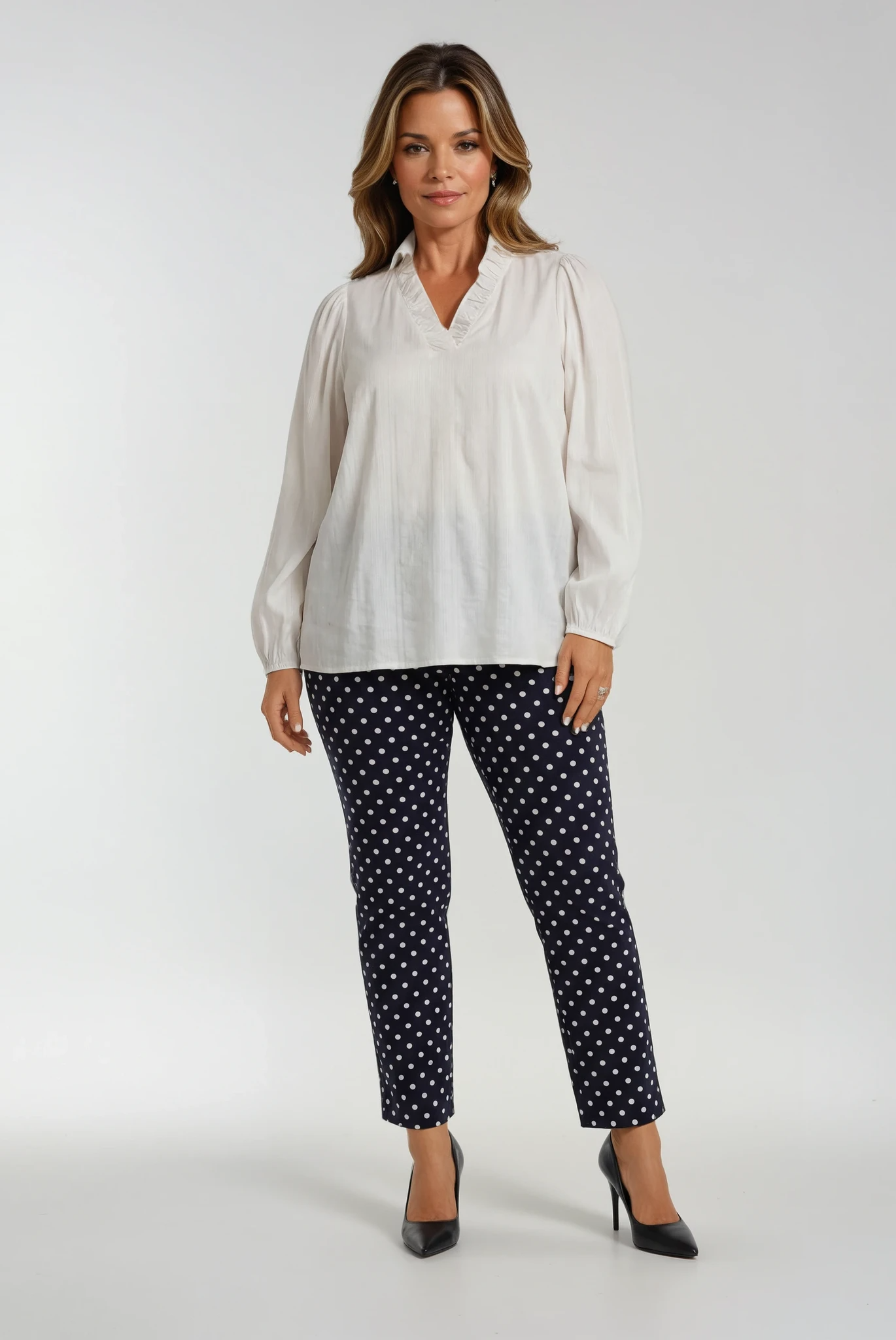 Robell Bella 09 Trousers in Navy Polka Dot