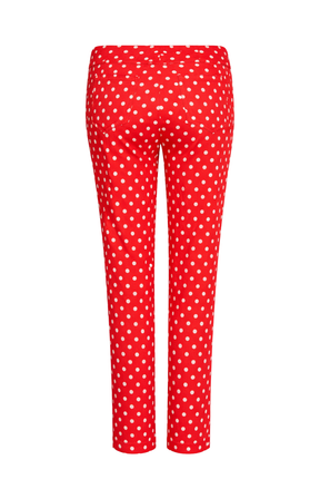 Red trousers with white polka dots on a white background