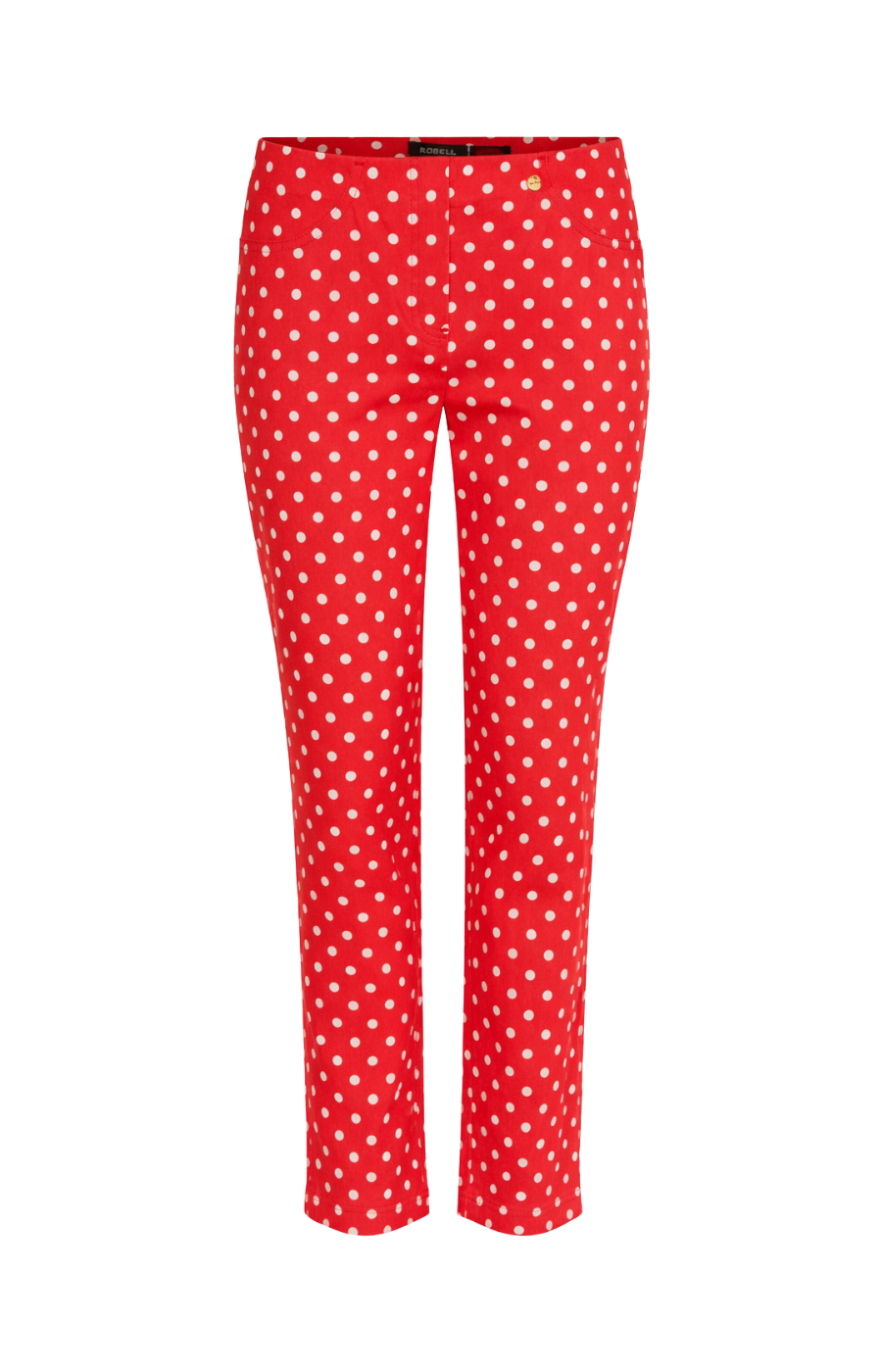 Red trousers with white polka dots on a white background