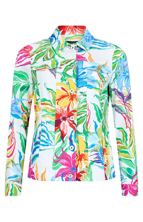 Robell Happy Jacket in Tropical Flower, a white jacket with an all over floral print in vibrant shades with a round neckline with a collar, long sleeves and a button up front