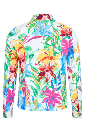 Robell Happy Jacket in Tropical Flower, Long sleeves with buttoned cuffs, round neck with a collar, all over vibrant shades in a floral print