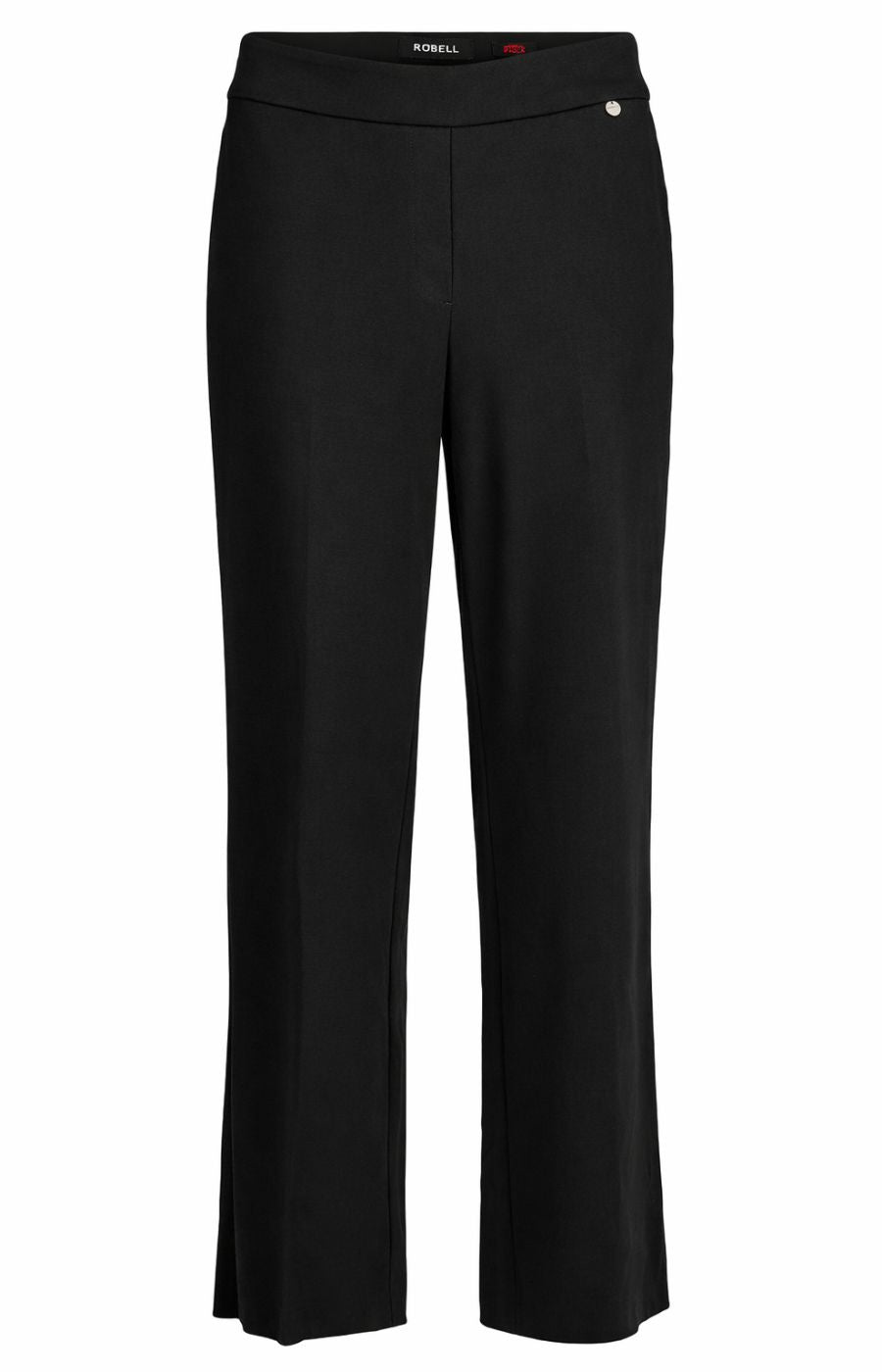 Robell Paula Trousers in Black, a pull up style, full length trouser with a straight leg, crease lines down the front and back and side pockets