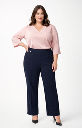 Woman wearing a pink blouse and navy trousers on a white background