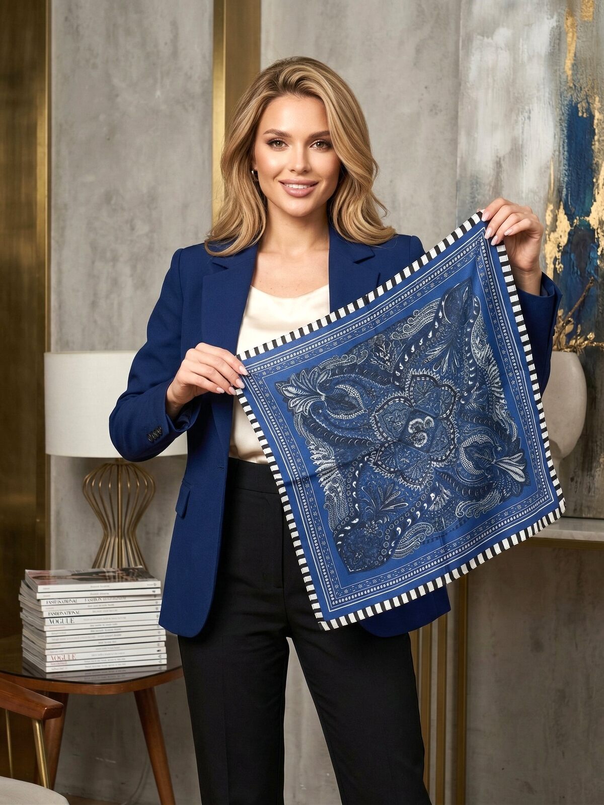 Robin Silk Scarf in Blue. This image was created using AI