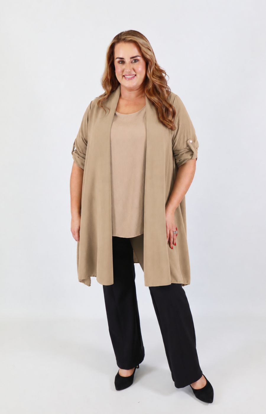 Sarah Longline Cardigan in Taupe 