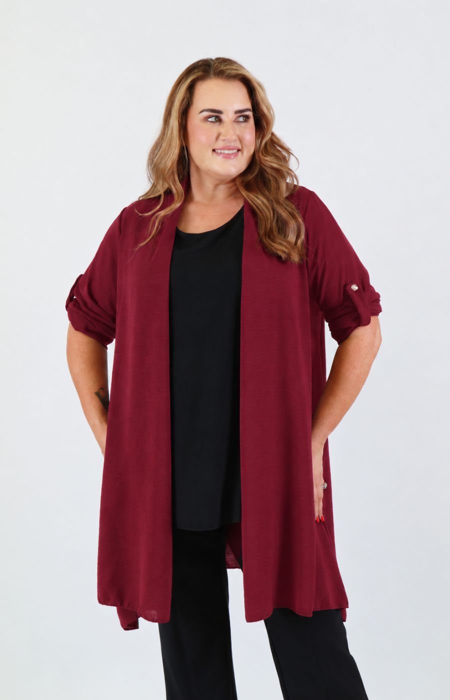 Sarah Longline Cardigan in Wine 