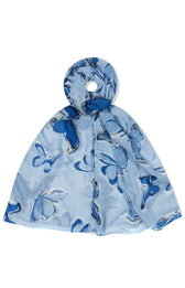 Siri Scarf in Blue, a blue scarf, with darker blue butterflies with gold accents 
