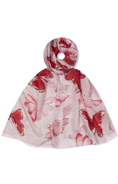 Siri Scarf in Red, A white scarf with red butterflies with gold accents 