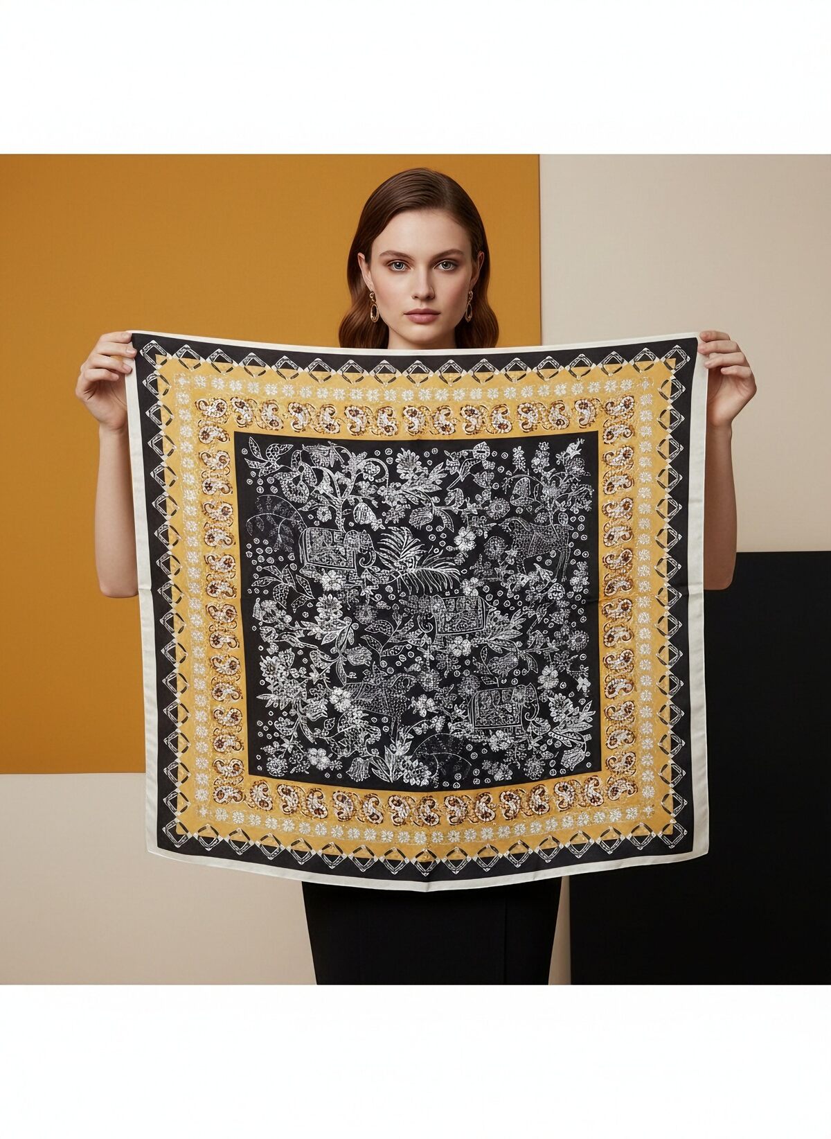 Stacy Silk Scarf in Black. This image was created using AI.