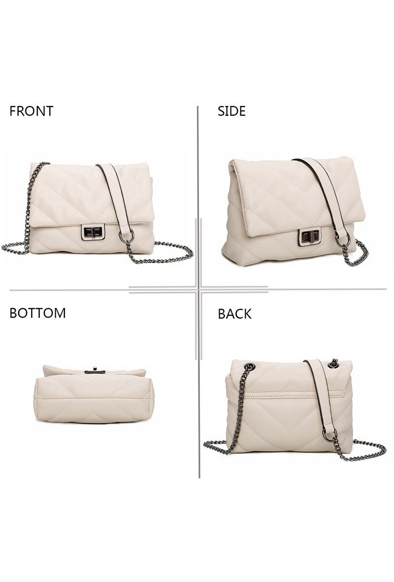Beige handbag shown from front, side, bottom, and back perspectives on a white background.