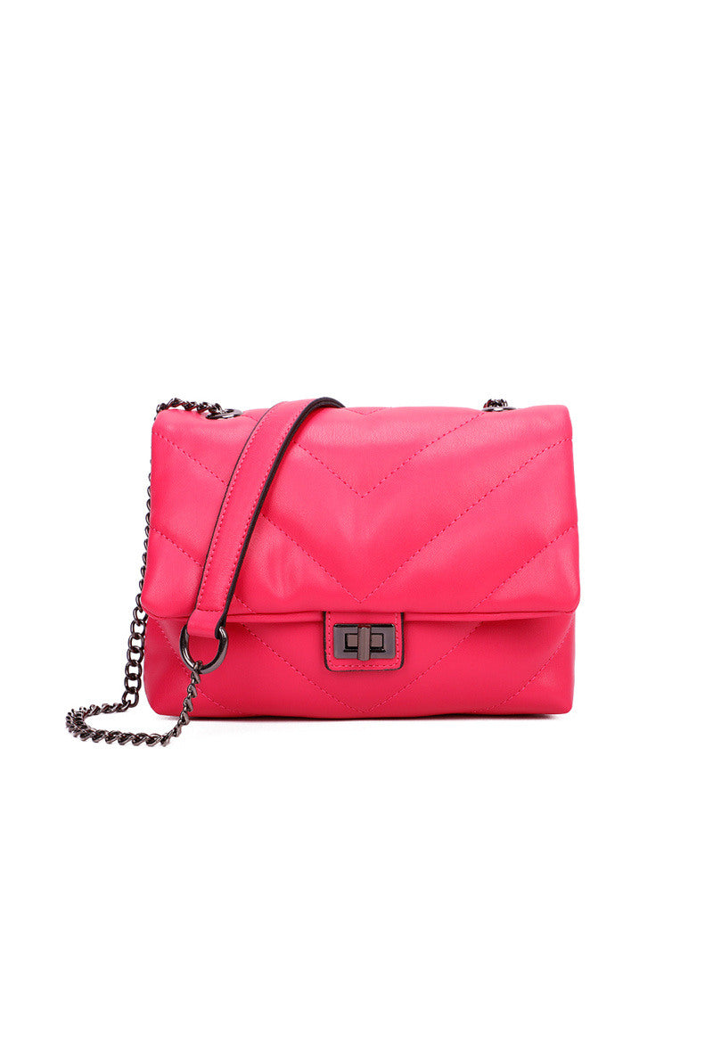 Pink quilted handbag with a chain strap on a white background