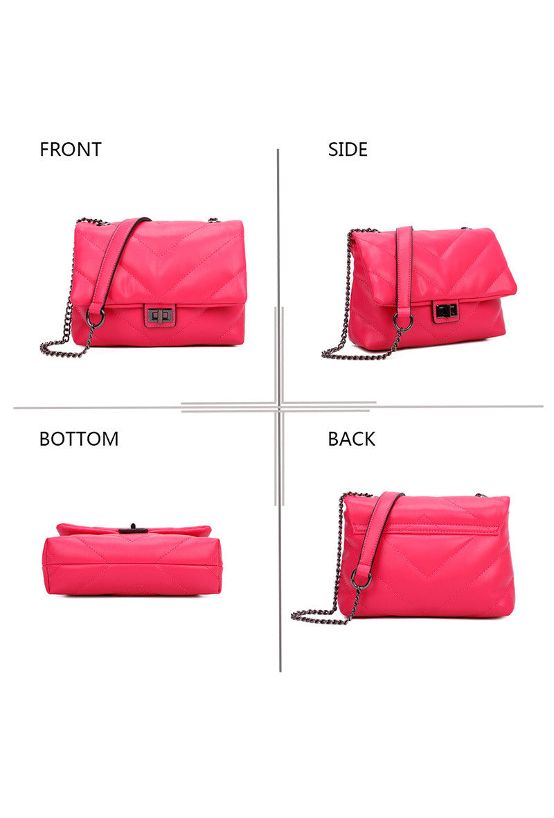 Pink handbag shown from front, side, bottom, and back angles on a white background.