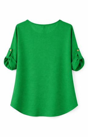 A green blouse with rolled-up sleeves on a white background