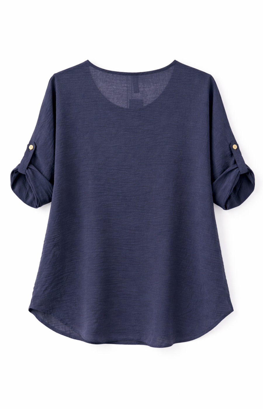 Navy blouse with rolled-up sleeves on a white background