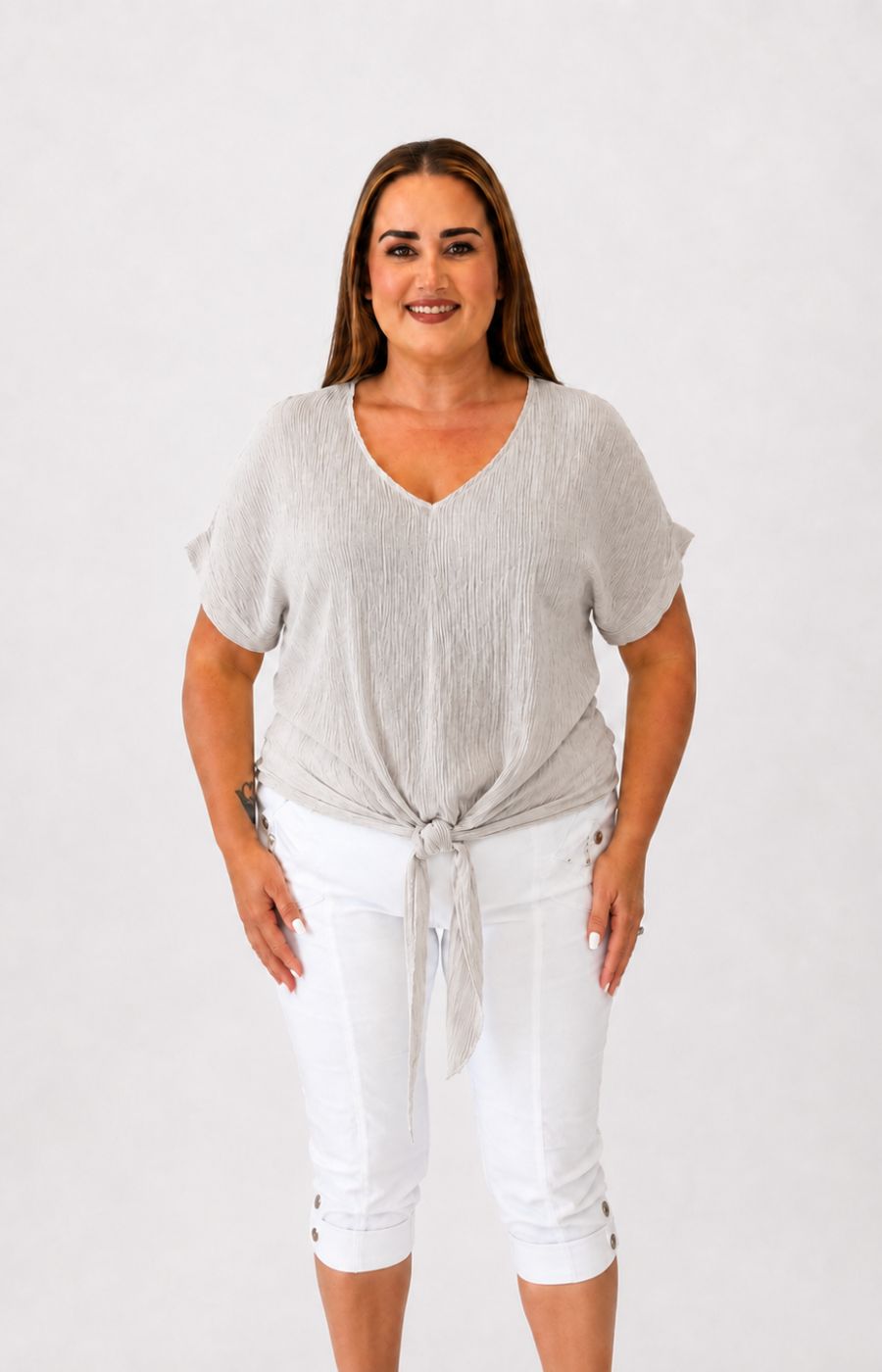 Sydney Crinkle Tie Blouse in Beige 