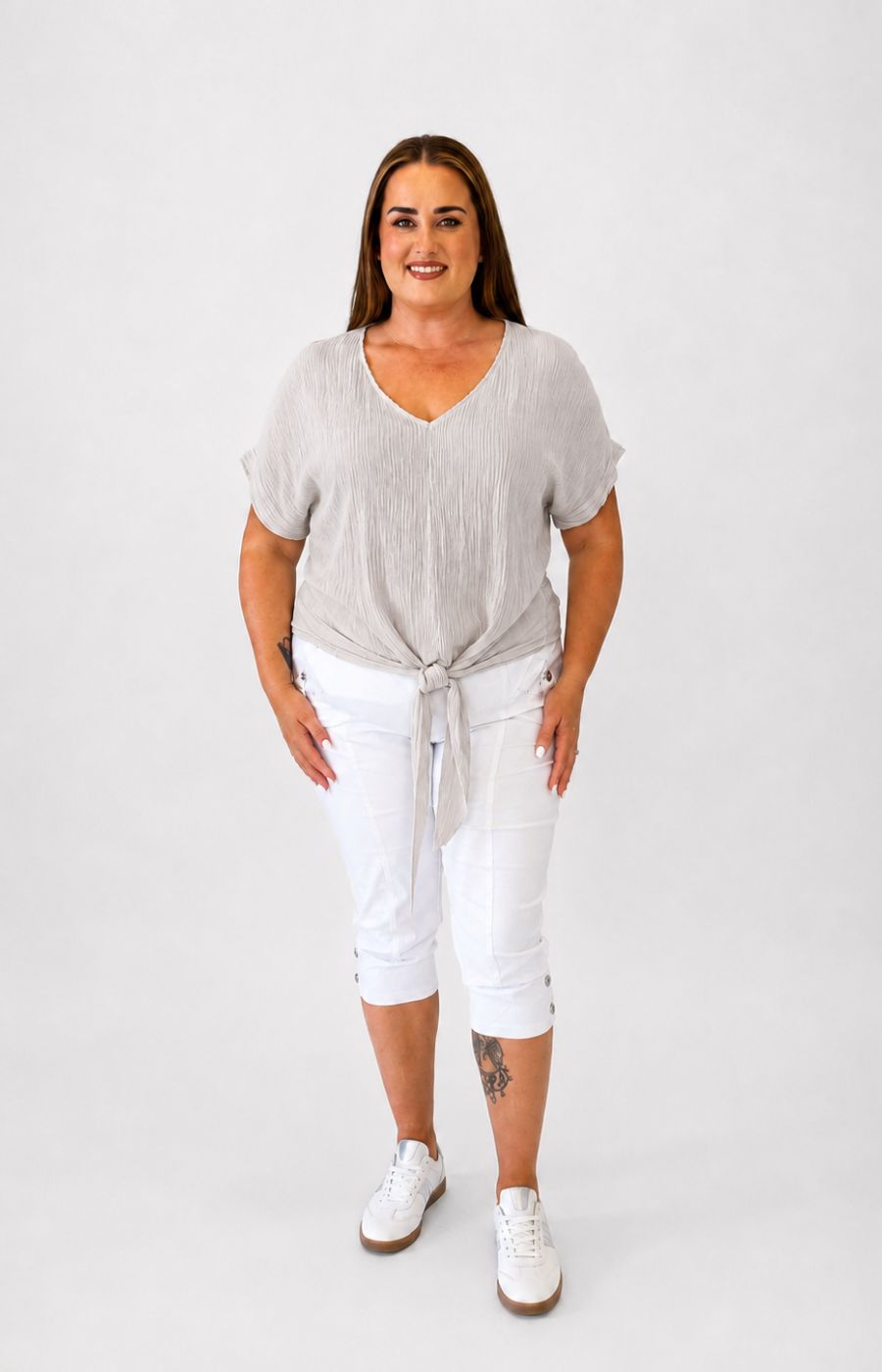 Sydney Crinkle Tie Blouse in Beige 