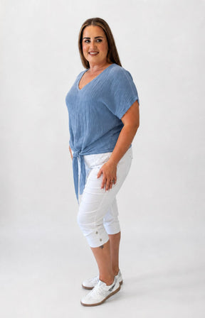 Sydney Crinkle Tie Blouse in Blue 