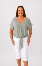 Sydney Crinkle Tie Blouse in Khaki 