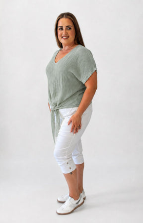 Sydney Crinkle Tie Blouse in Khaki 