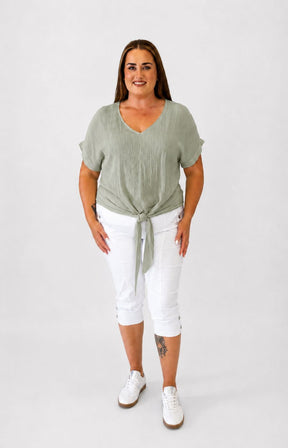 Sydney Crinkle Tie Blouse in Khaki 