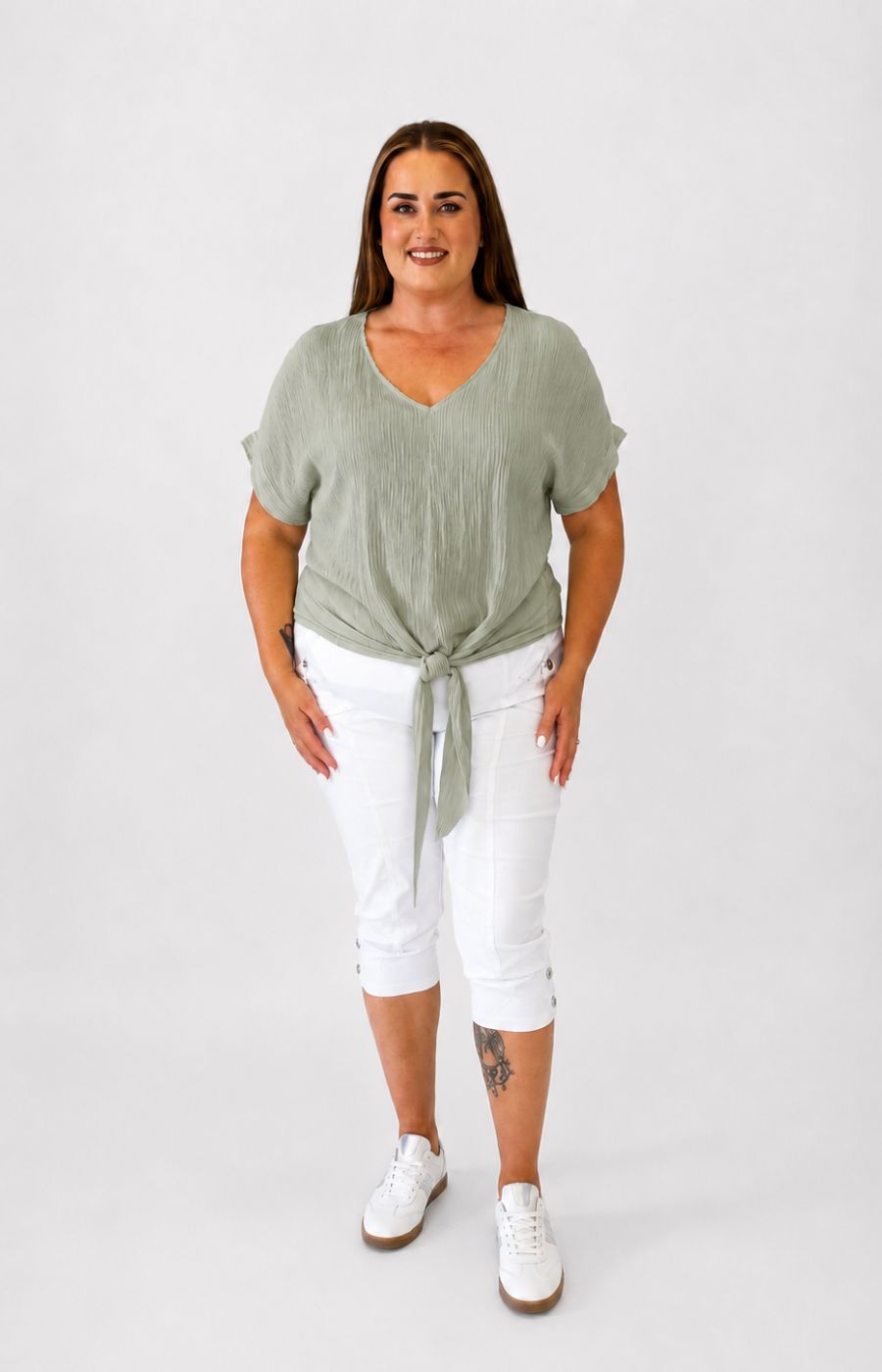 Sydney Crinkle Tie Blouse in Khaki 