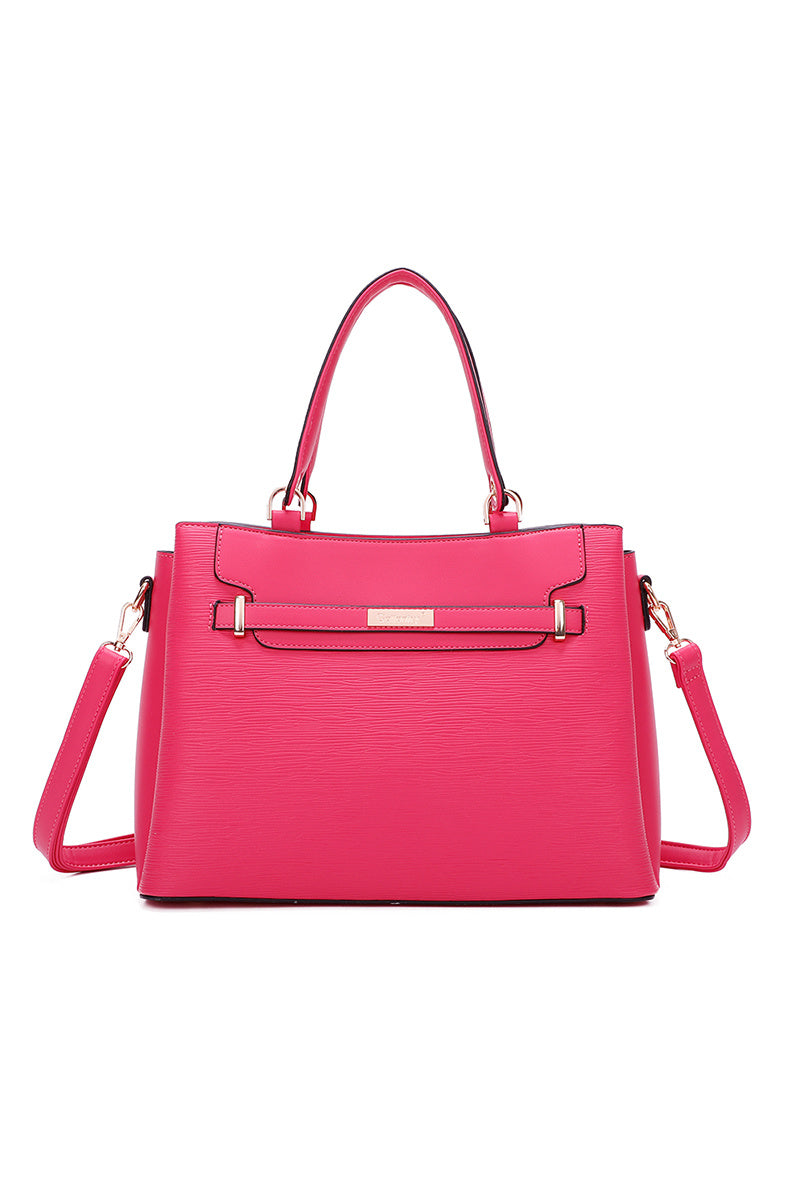 Pink handbag with gold accents on a white background