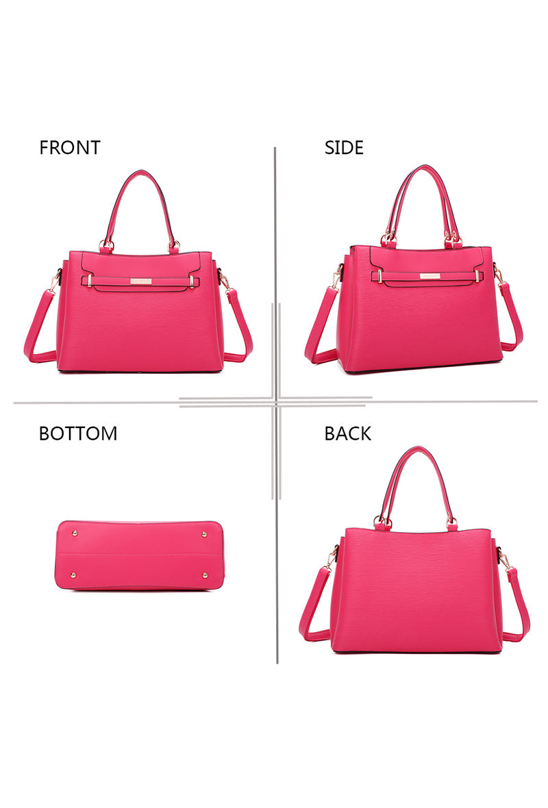 Pink handbag shown from front, side, bottom, and back angles on a white background.