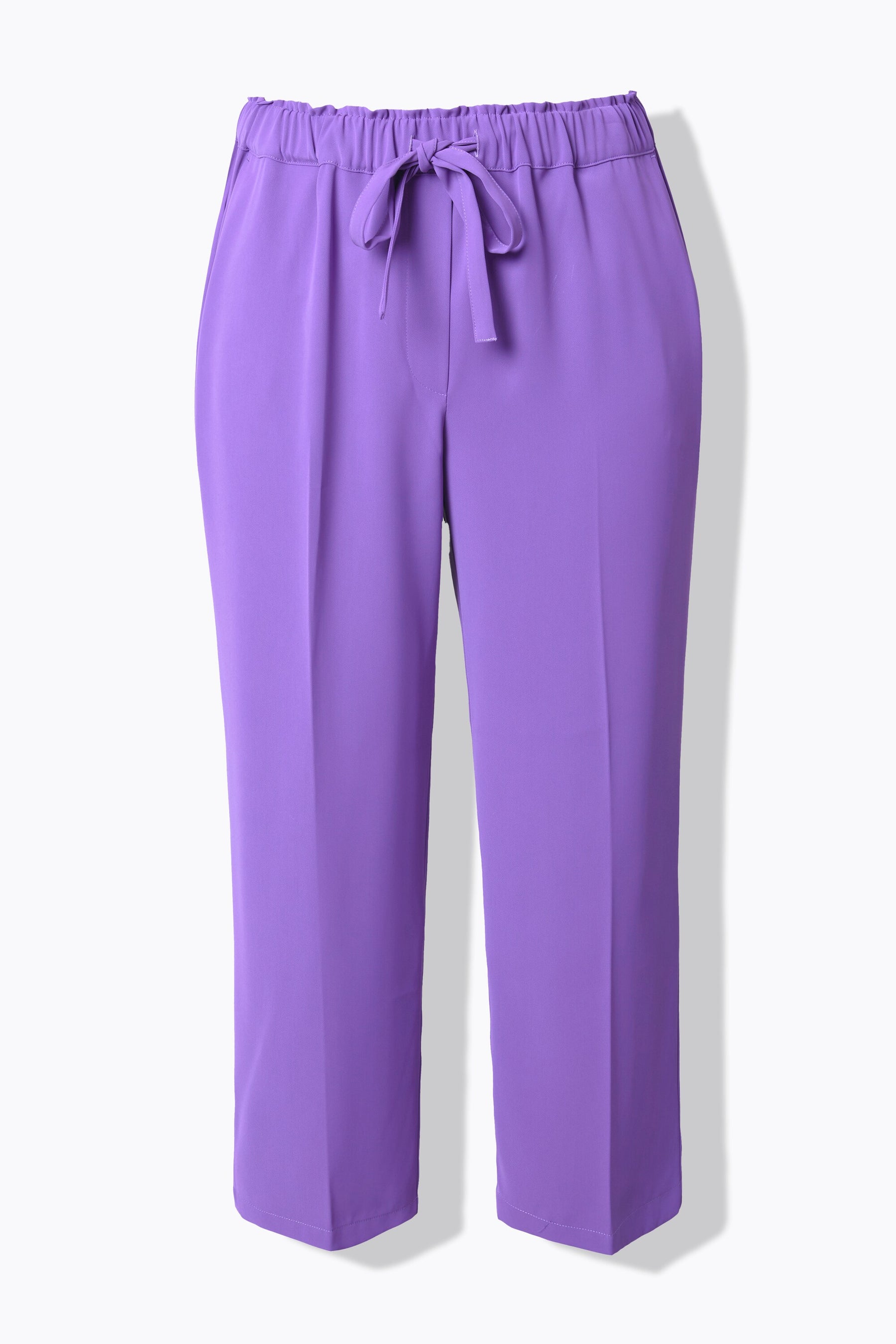Ulla Popken 7/8th Trousers in Lilac, product image, a lilac trousers with an ankle grazing length, elasticated waistband with a tie belt in it, and side pockets