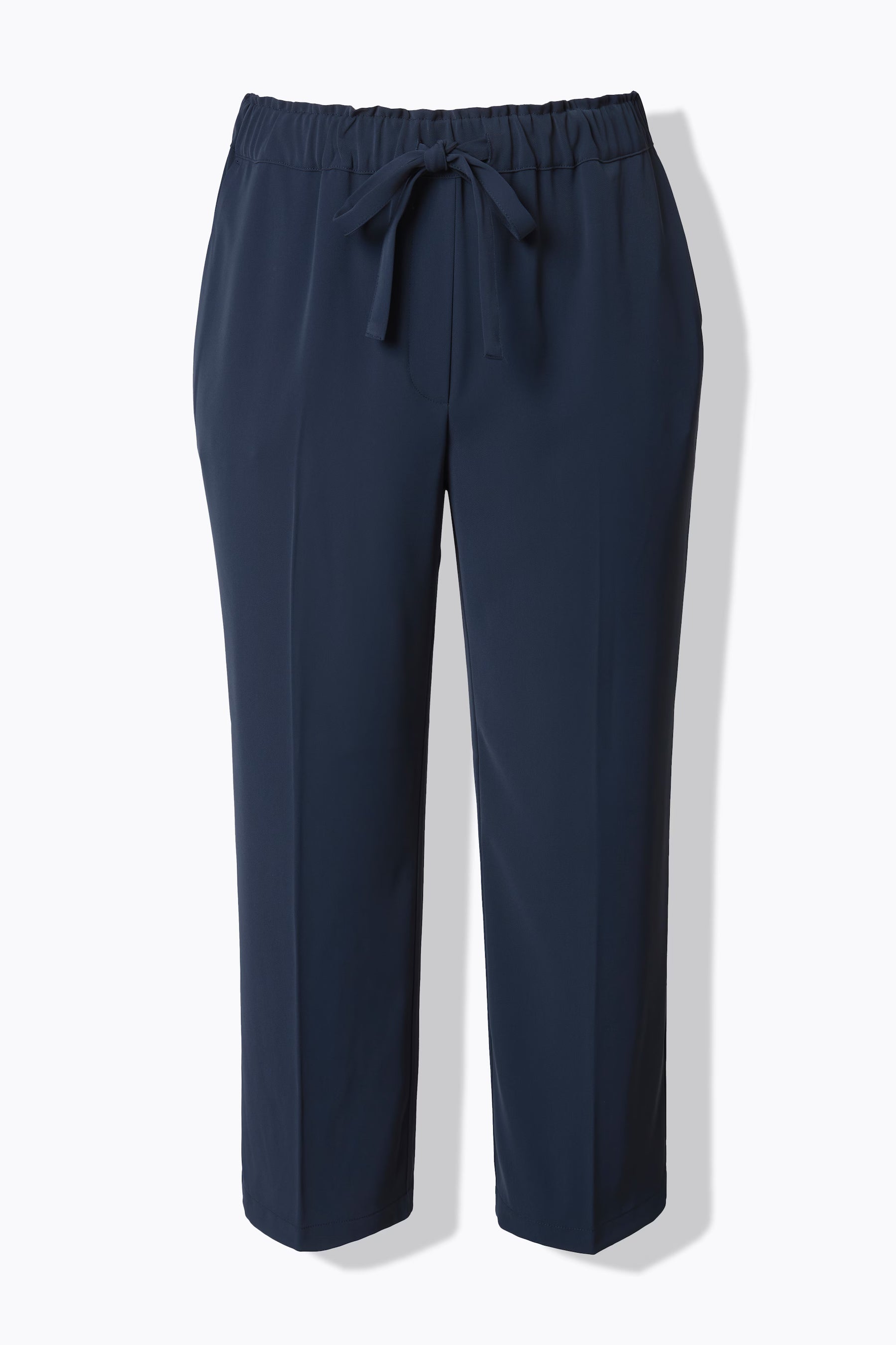 Ulla Popken 7/8th Trousers in Navy, product image, an ankle grazing trouser with a tie belt in the elasticated waistband and side pockets