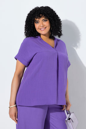 Ulla Popken Back Button Blouse in Purple 