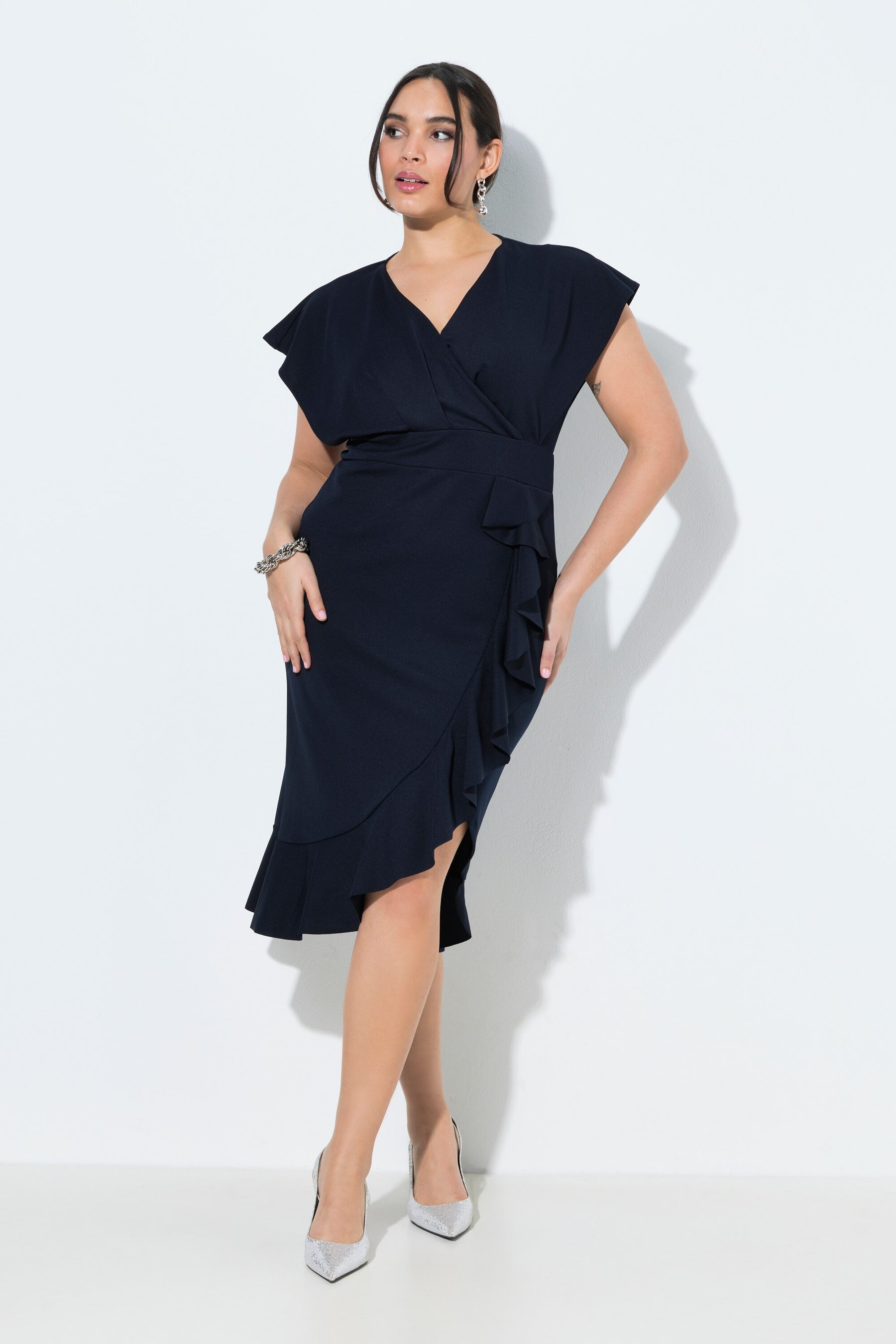 Ulla Popken Bodycon Ruffle Dress in Navy 