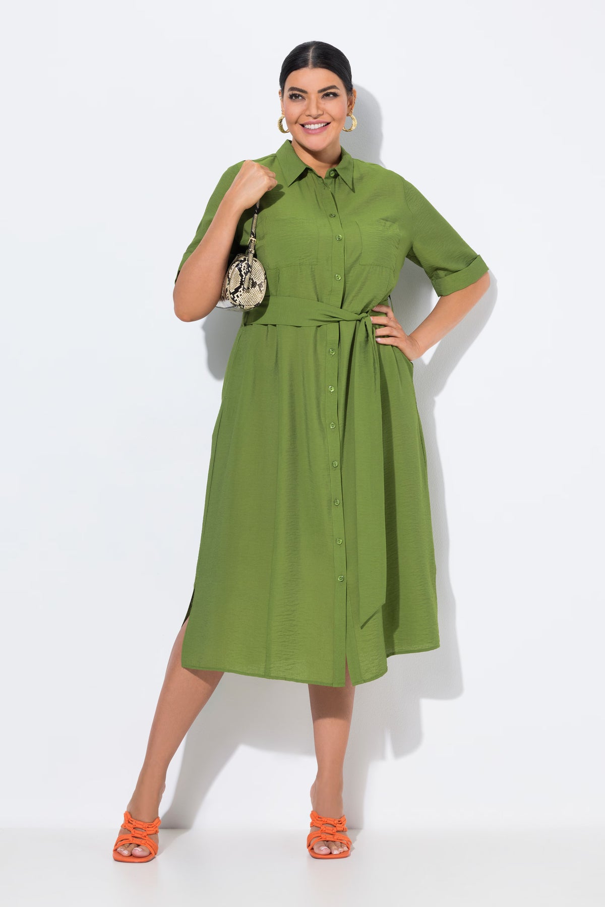 Ulla Popken Button Midi Dress in Green
