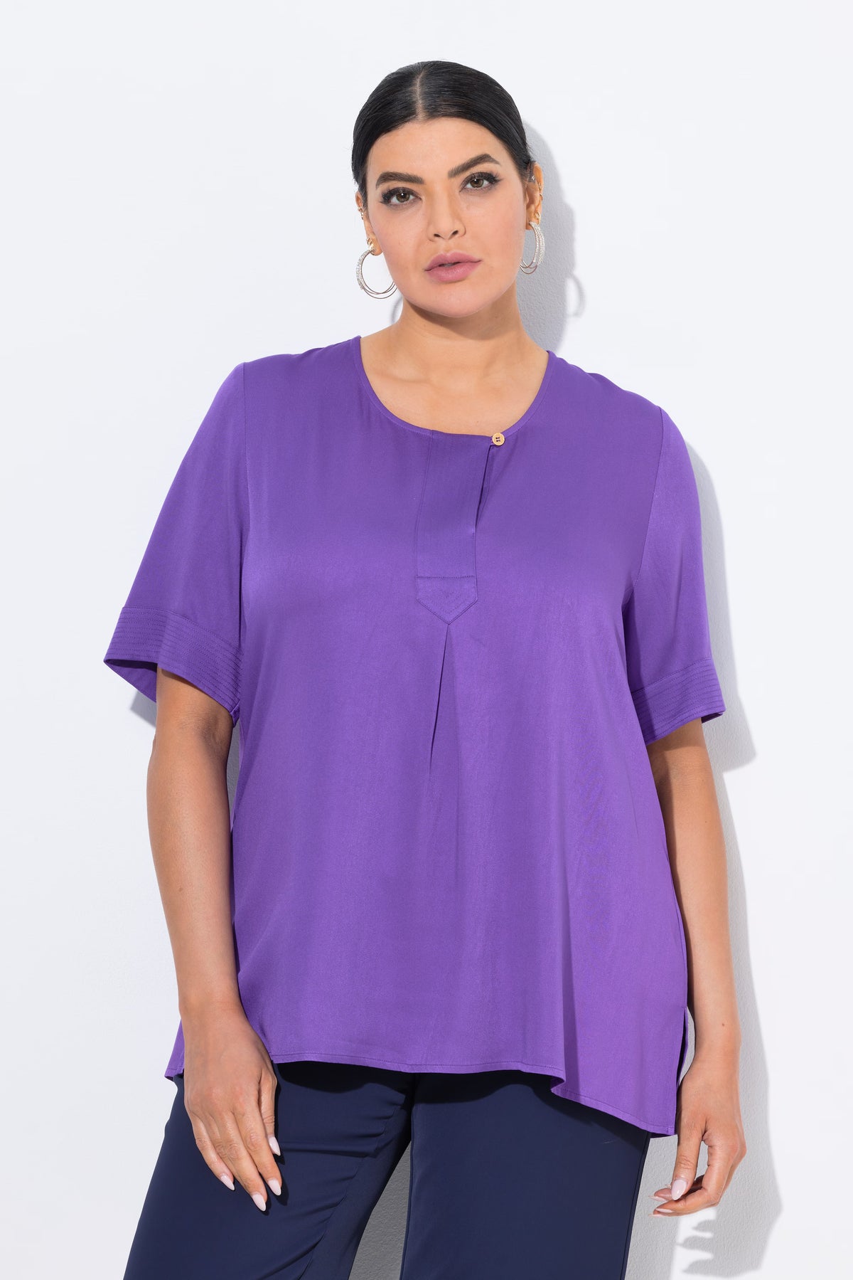 Ulla Popken Button Neck Blouse in Purple