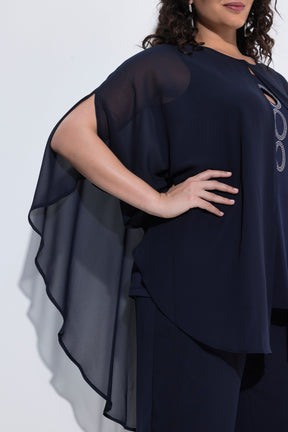 Ulla Popken Chiffon Blouse With Cape in Navy