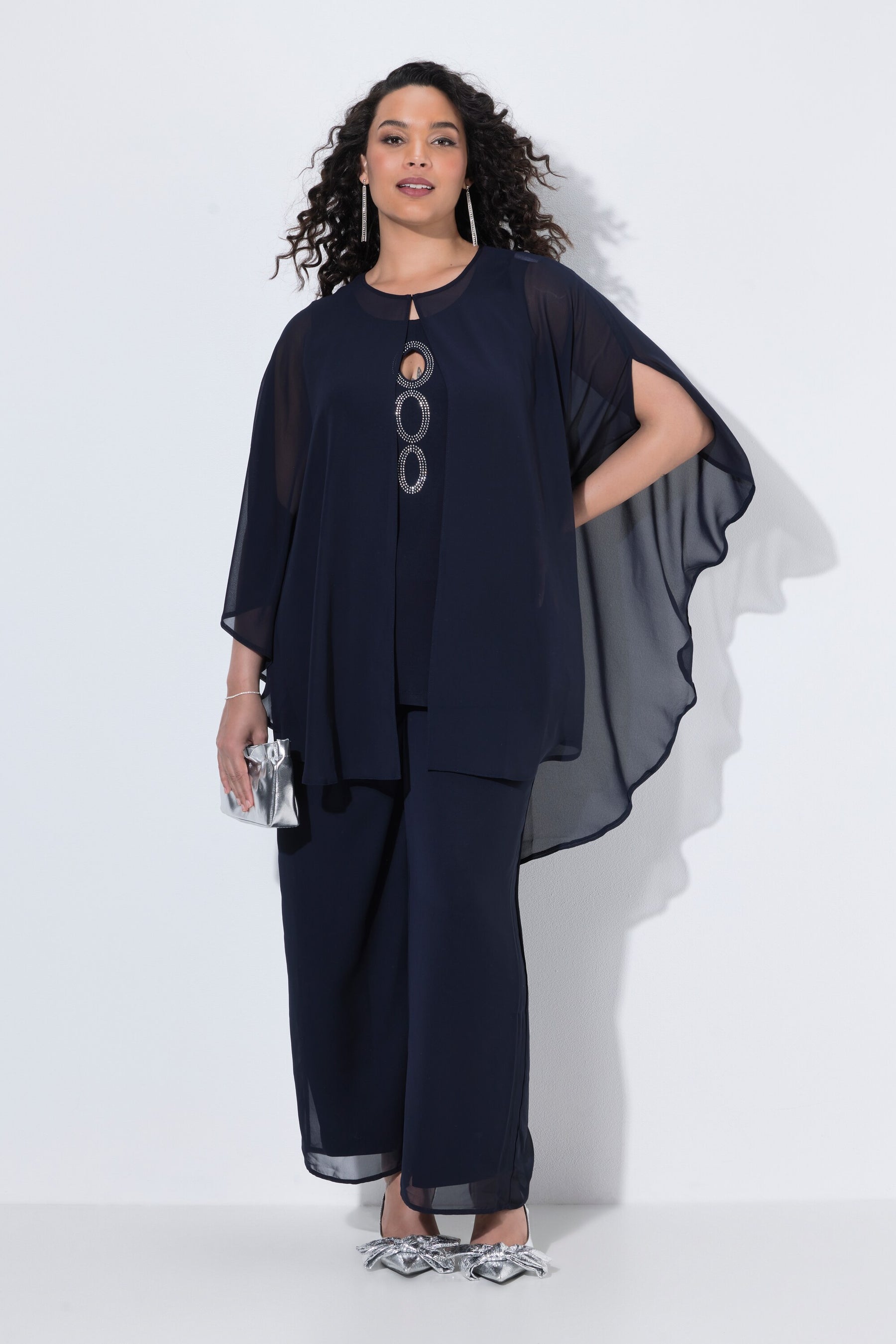 Ulla Popken Chiffon Blouse With Cape in Navy 