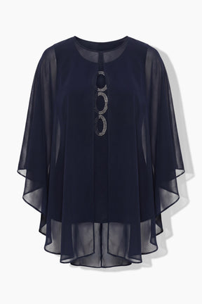 Ulla Popken Chiffon Blouse With Cape in Navy
