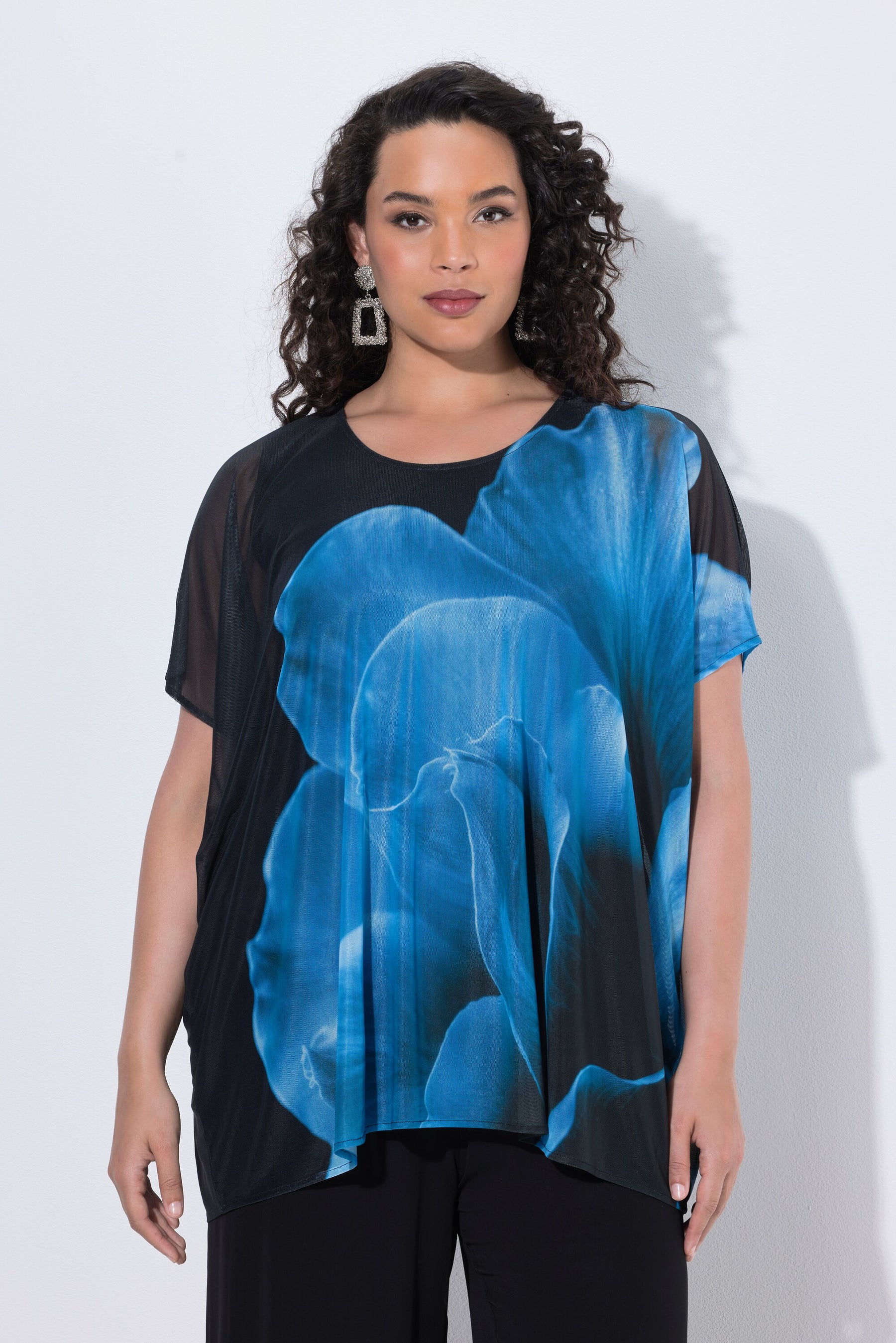Ulla Popken Chiffon Floral Blouse in Blue 