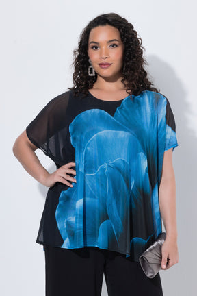  Ulla Popken Chiffon Floral Blouse in Blue 