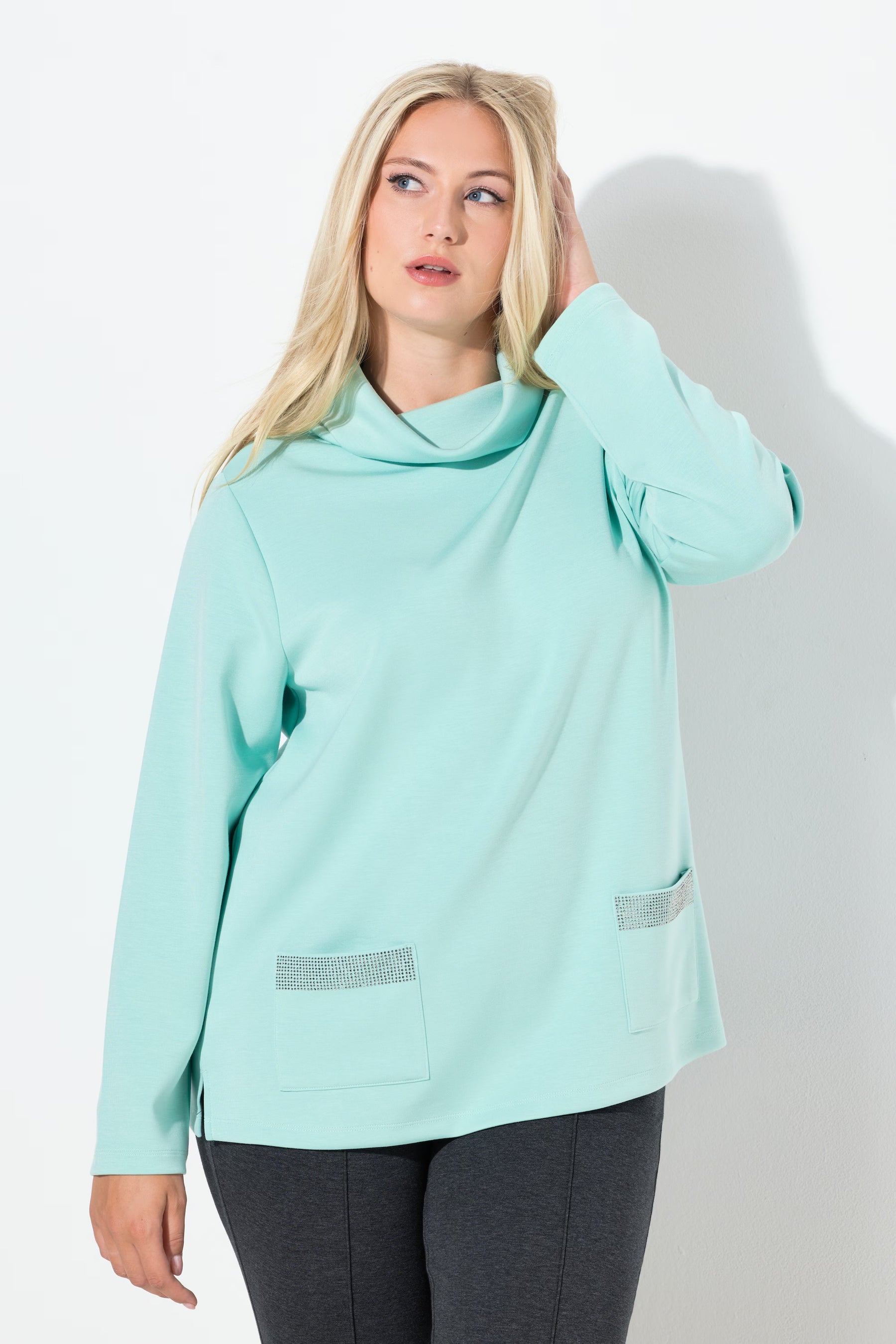 Ulla Popken Cowl Neck Sweater in Turquoise