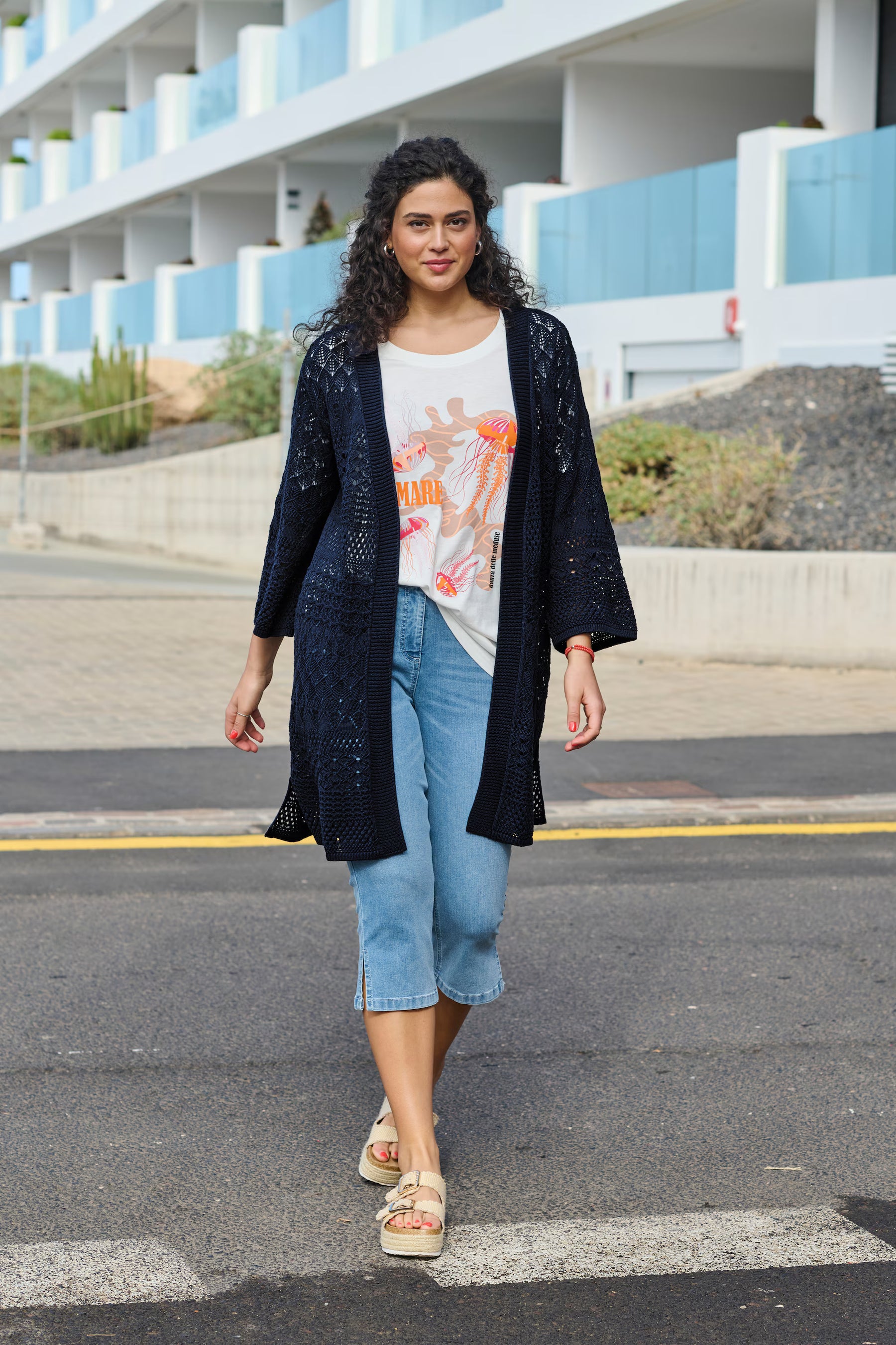 Ulla Popken Crochet Cardigan in Navy 