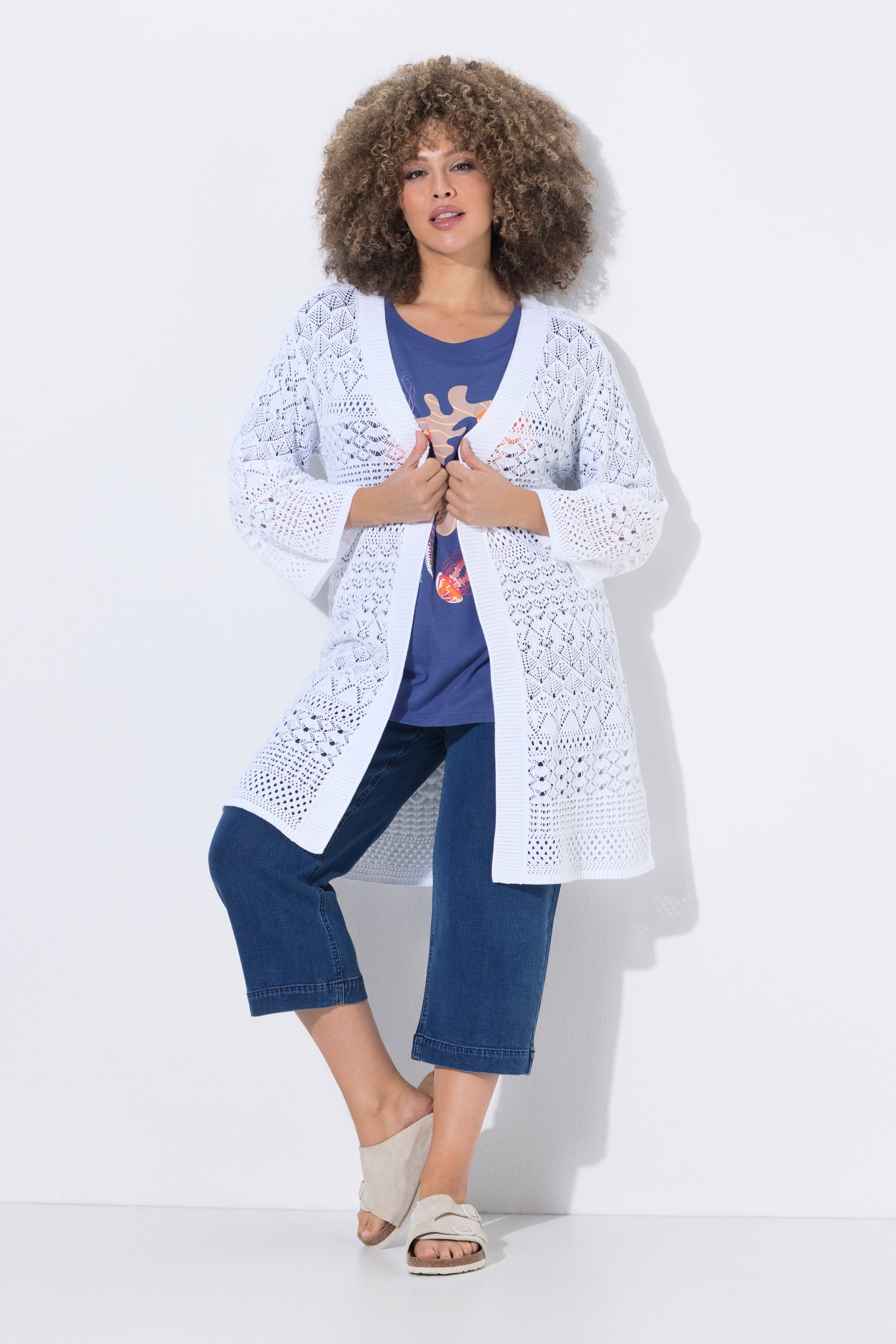 Ulla Popken Crochet Cardigan in White 
