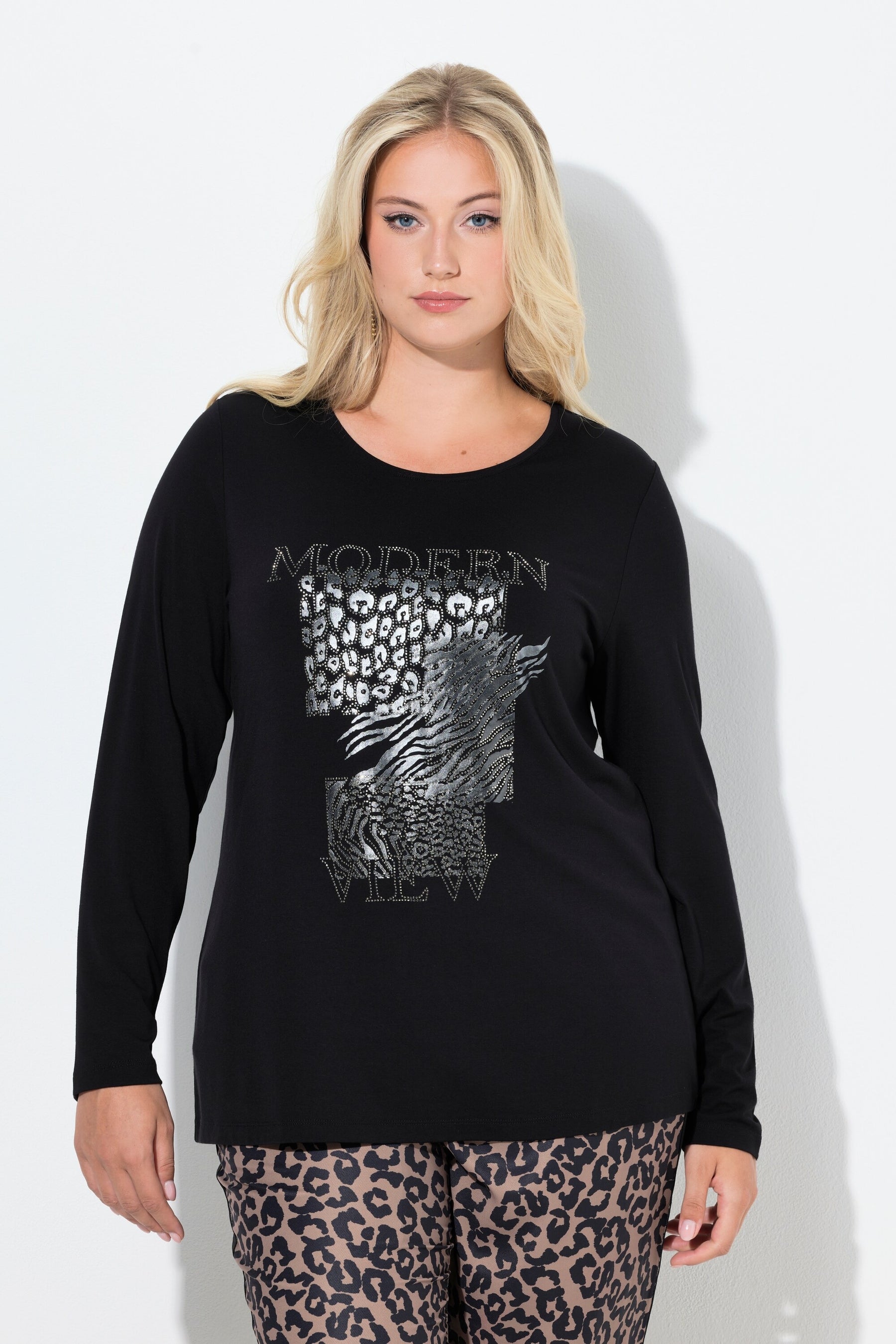 Ulla Popken Diamante Print Top in Black