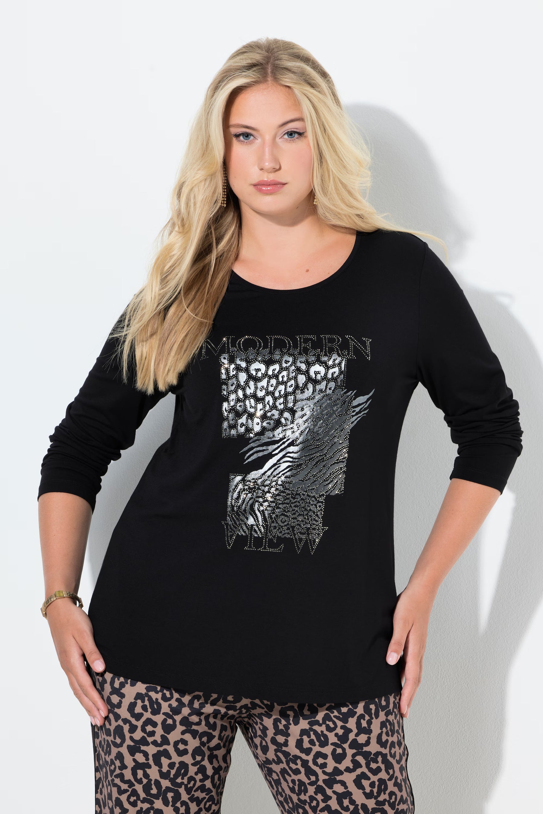 Ulla Popken Diamante Print Top in Black
