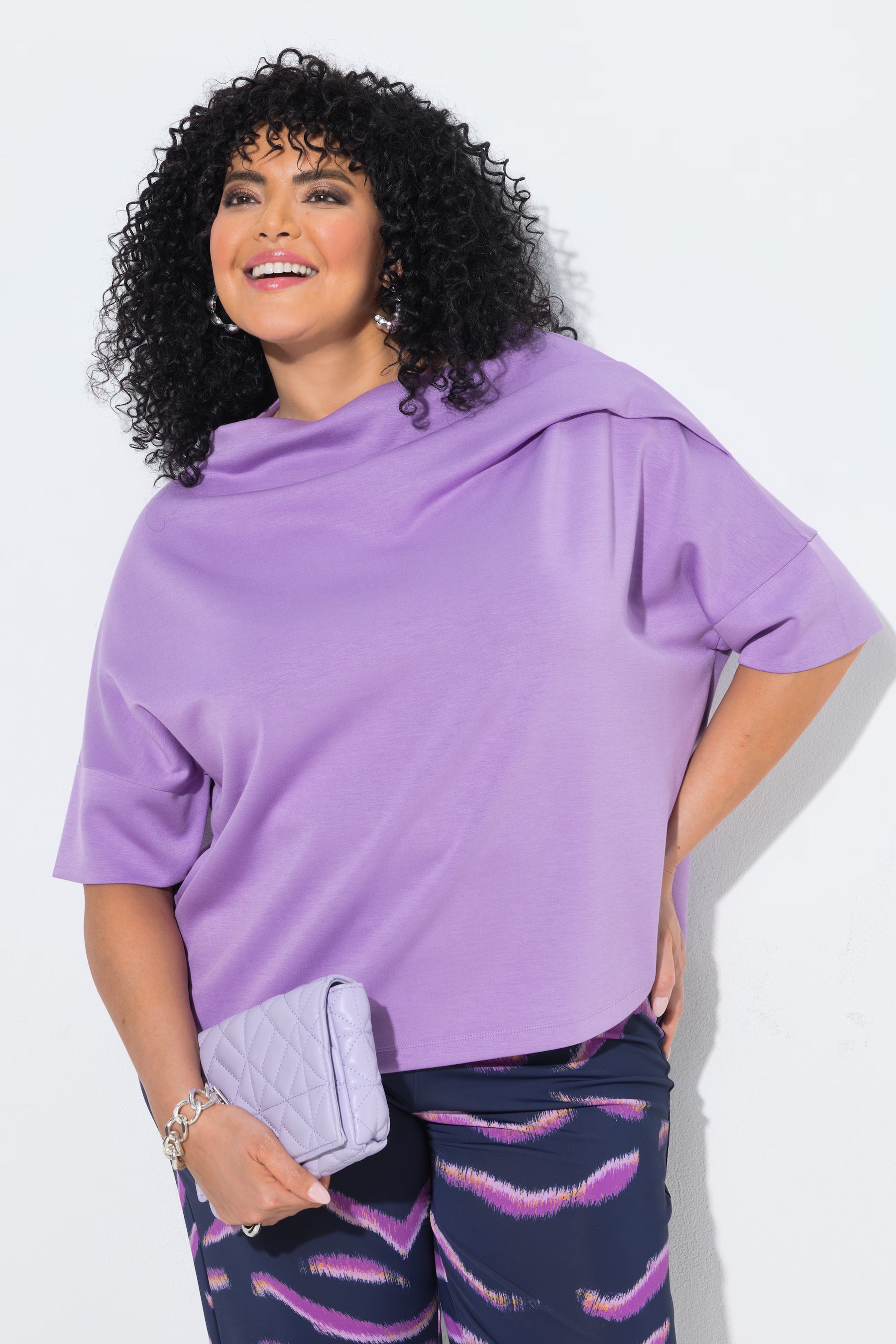 Ulla Popken Draped Shoulder Top in Purple 