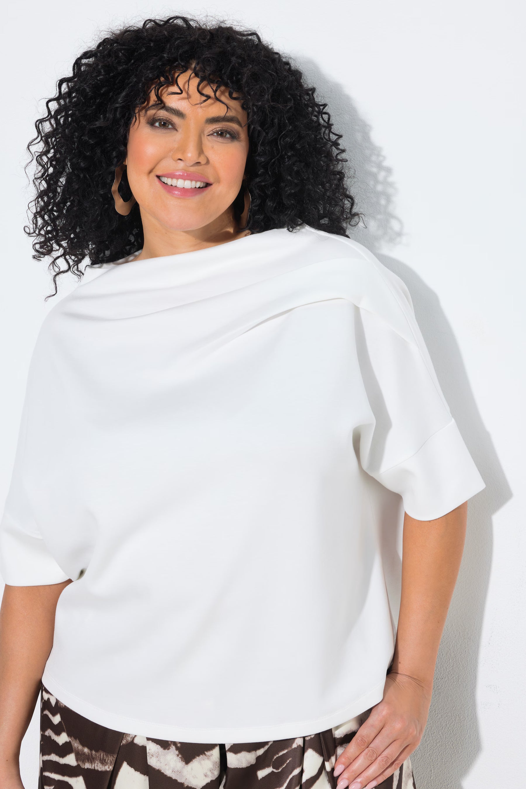 Ulla Popken Draped Shoulder Top in White 