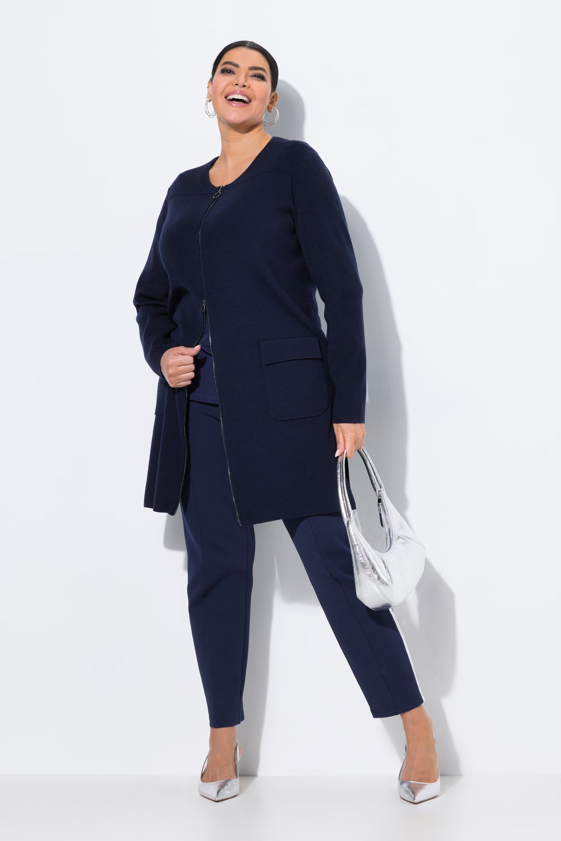 Ulla Popken Fine Ribbed Cardigan in Navy