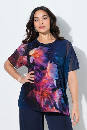 Ulla Popken Floral Chiffon Blouse in Navy 