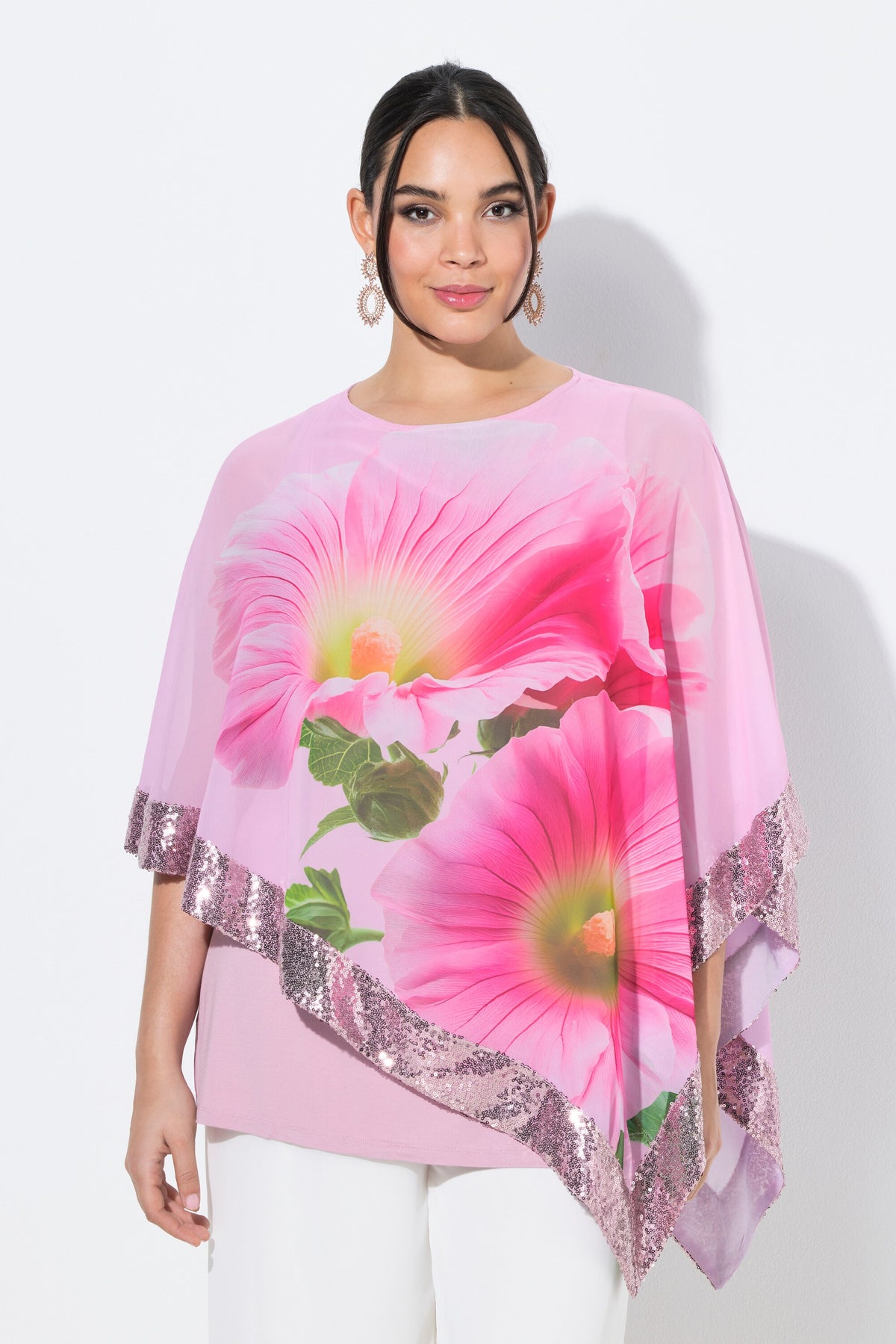 Ulla Popken Floral Chiffon Blouse with Sequins in Pink 