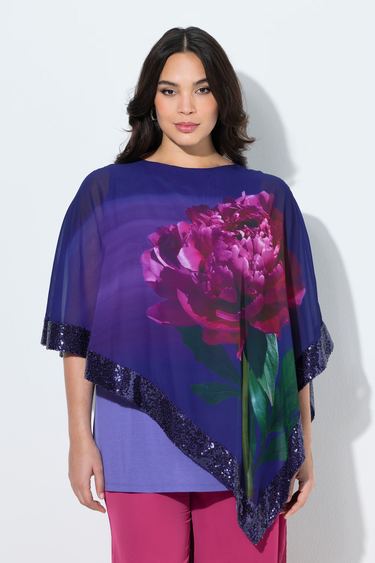 Ulla Popken Floral Chiffon Blouse with Sequins in Purple