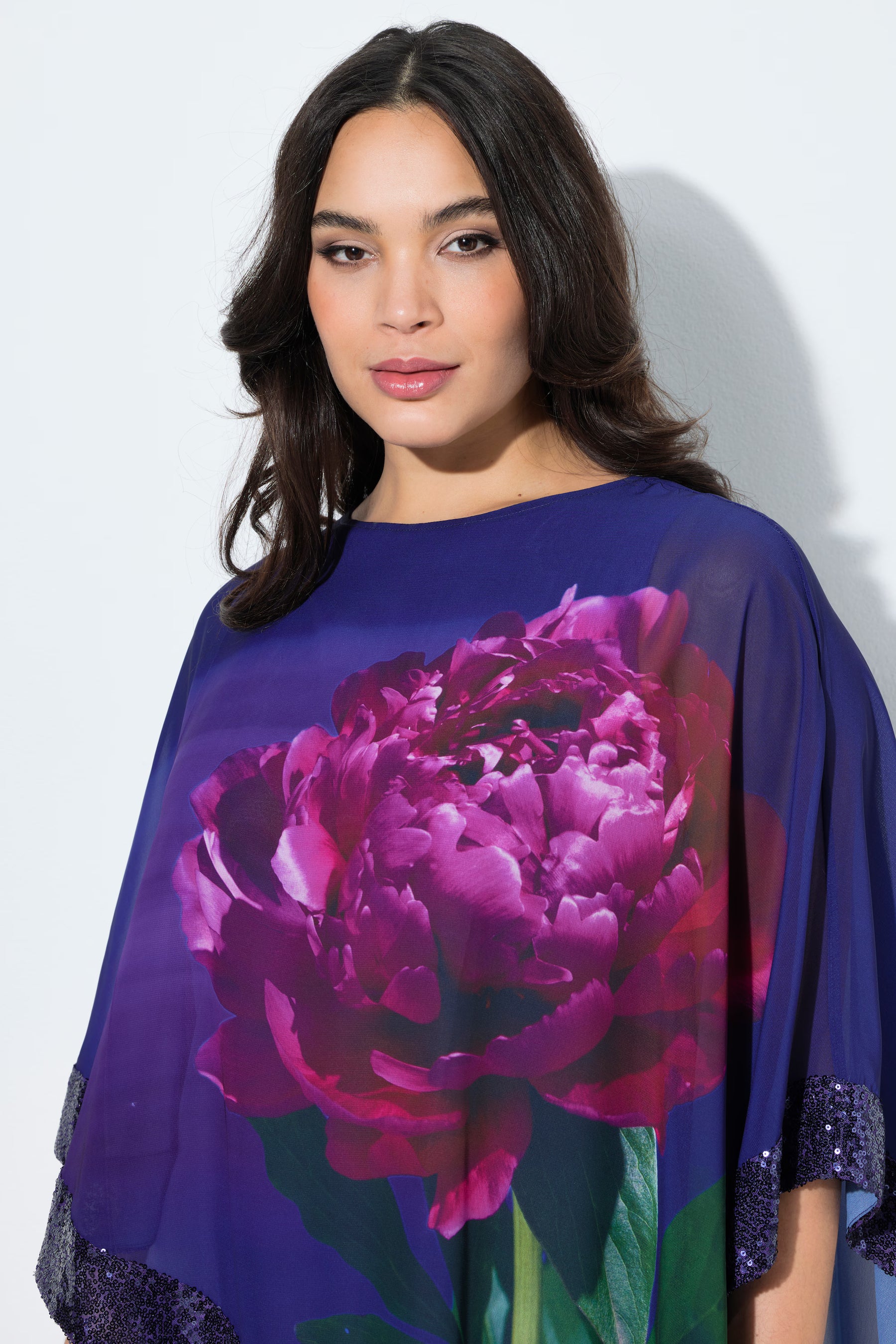 Ulla Popken Floral Chiffon Blouse with Sequins in Purple 